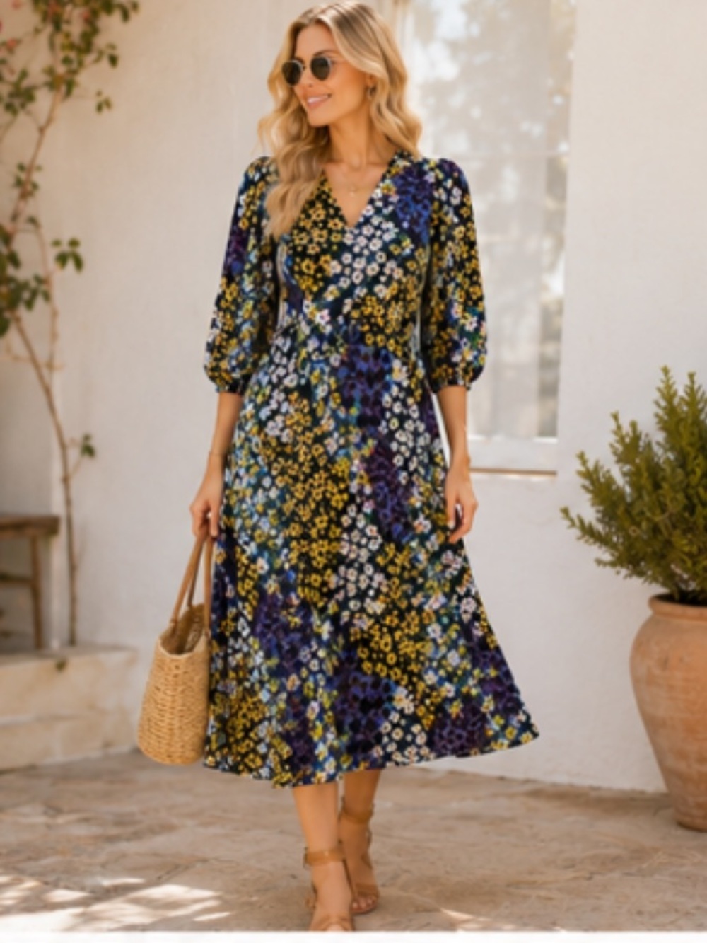 ASOS Floral Patchwork Midi Dress Puff Sleeve V Neck Cottagecore Boho US 6